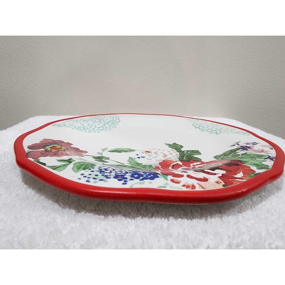 Pioneer Woman Red Trim Floral Flower Country Garden Dinner Plate 10" Scalloped - Picture 2 of 7